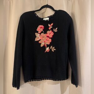 Christopher & Banks Black Sweater with Red and Pink Embroidery